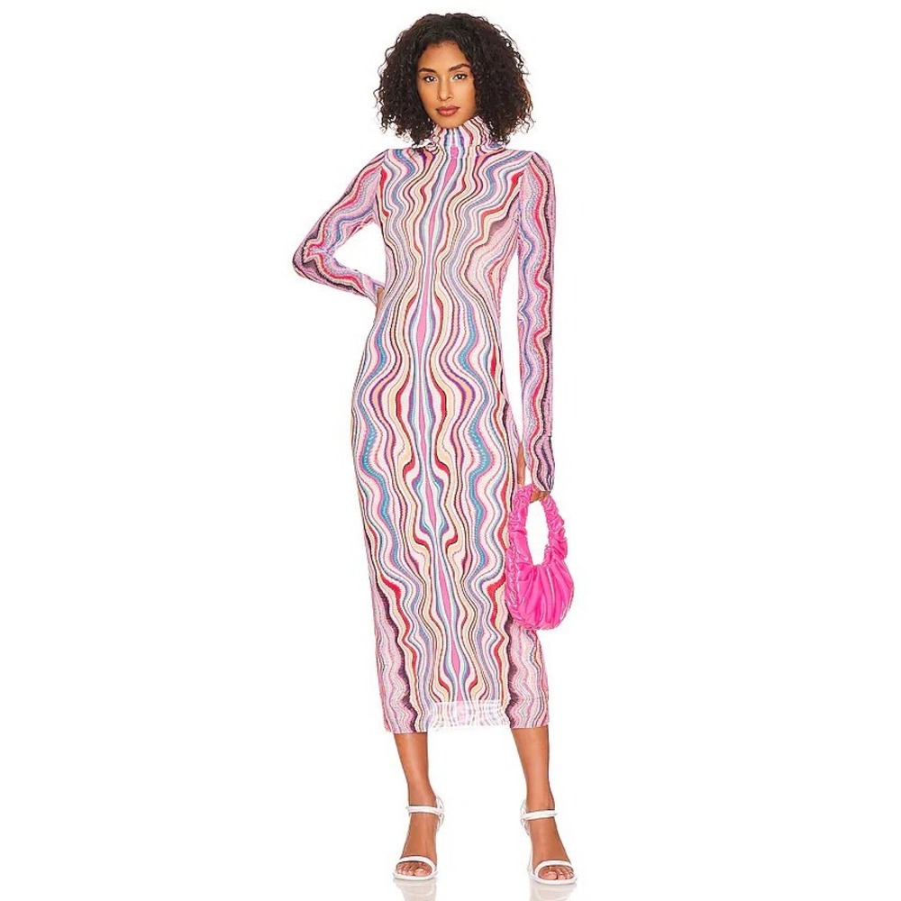 AFRM Shailene Mesh Midi Dress Multi Color Wavy Psychedelic Turtleneck Small